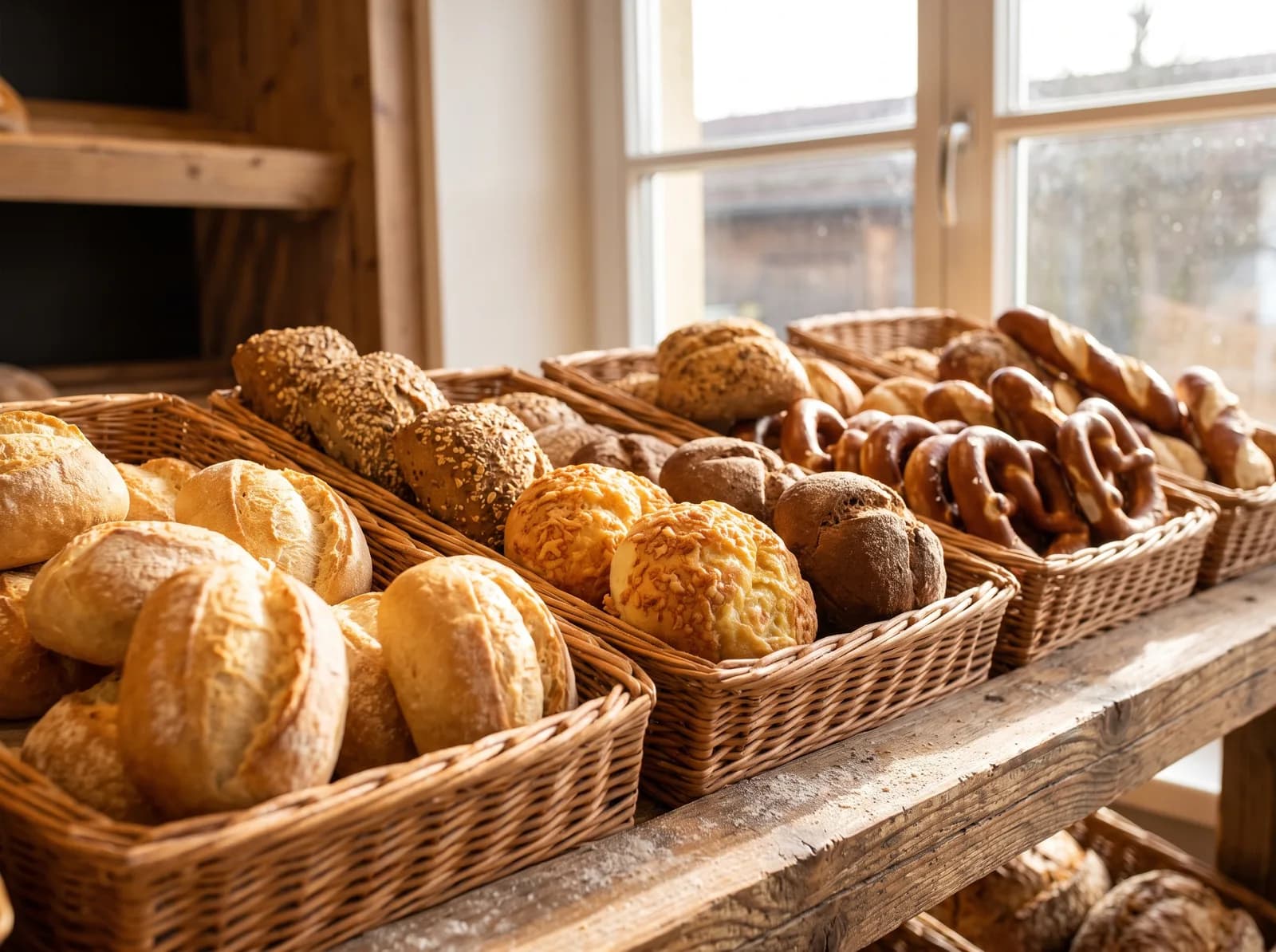 Frische Brötchen und Laugengebäck in Weidenkörben am Fenster