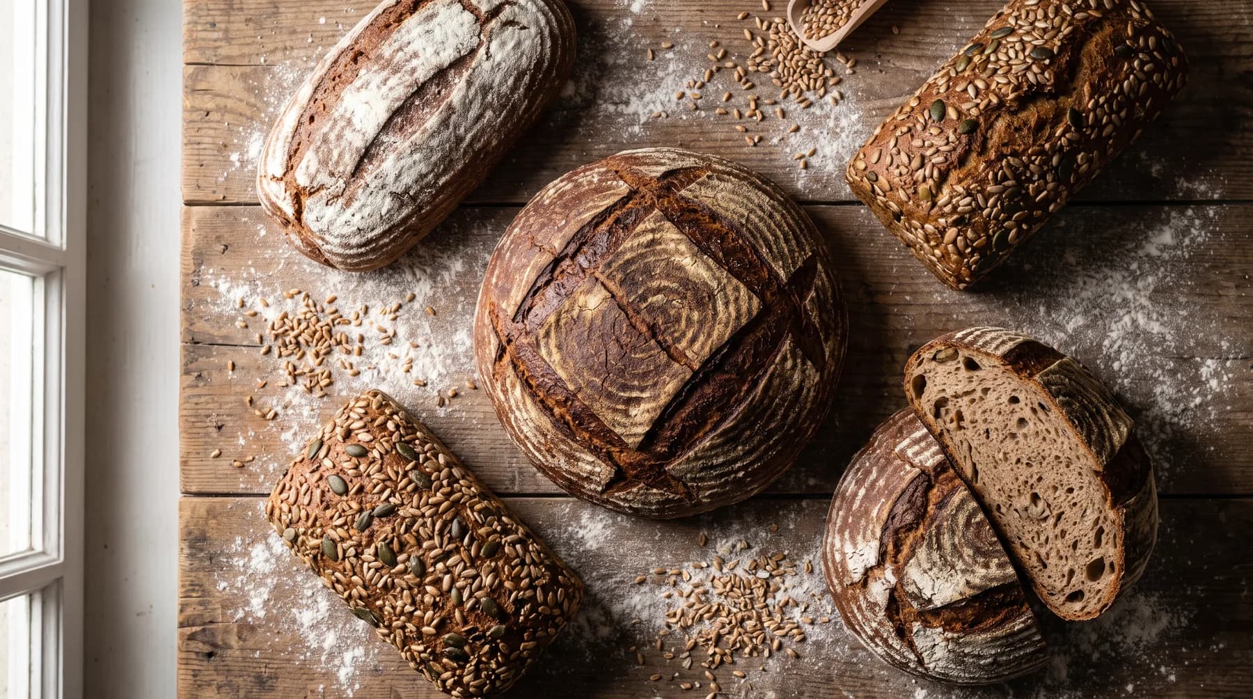 Verschiedene rustikale Brotlaibe von oben auf einem bemehlten Holztisch