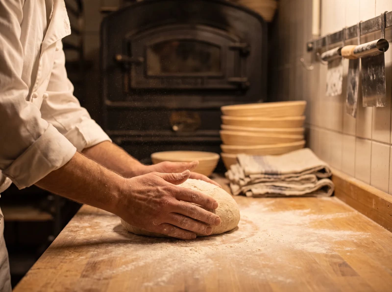 Hände formen einen Brotteigling auf einer bemehlten Arbeitsplatte vor einem Backofen