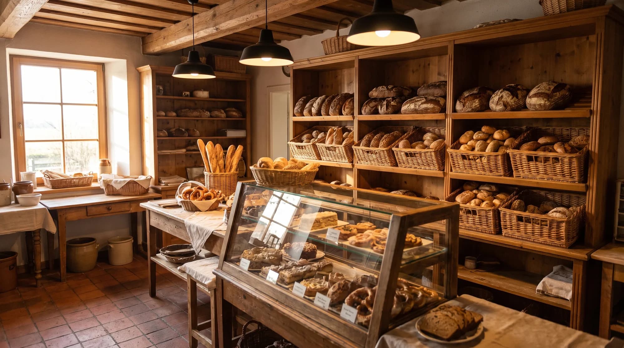 Blick in eine Bäckerei mit Holzregalen voller Brote und Körben mit Brötchen im Morgenlicht