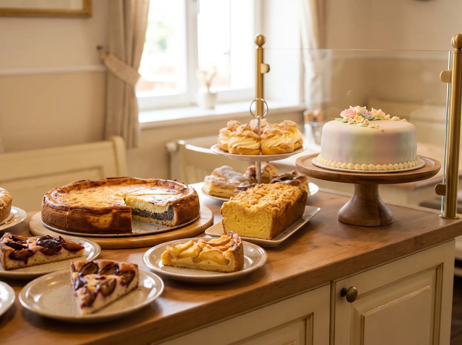 Kuchentheke mit Blechkuchen, Plundergebäck und einer Torte auf einer Kuchenplatte